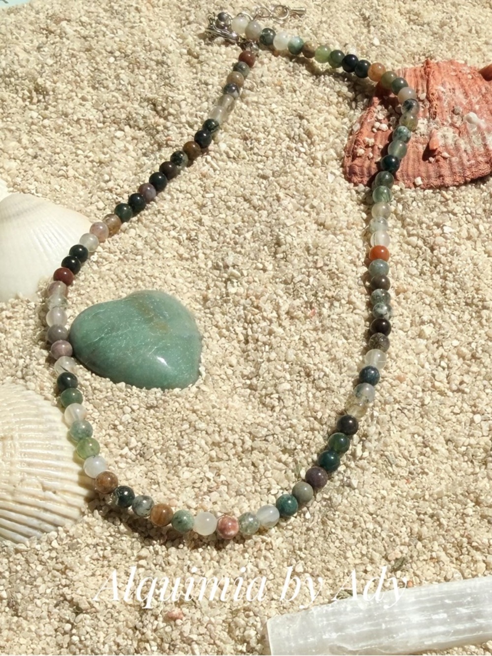Round Bead Necklace in Green, Cream & Brown agate + Dainty